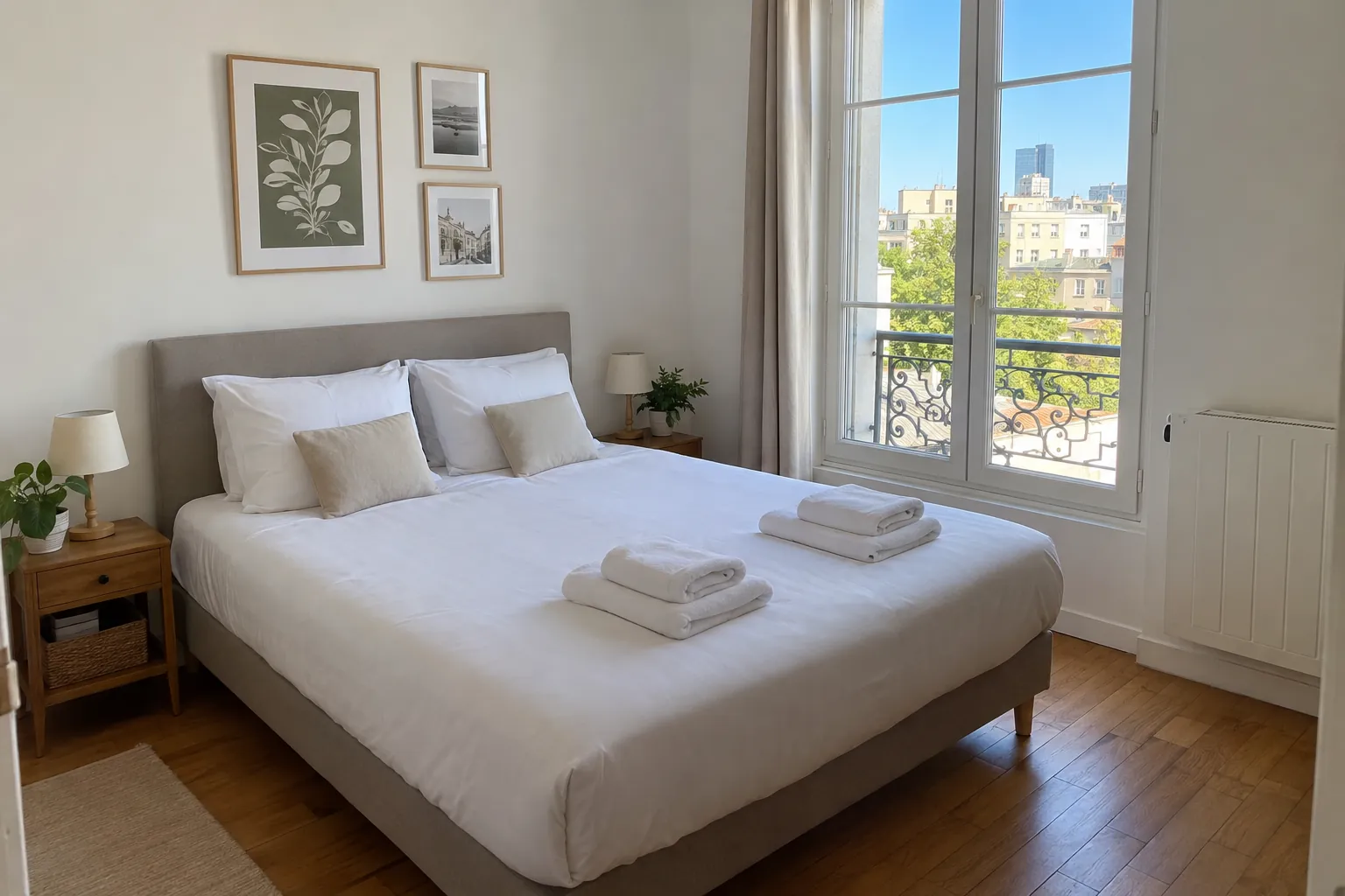 Chambre de location saisonnière préparée : lit fait aux draps blancs, serviettes pliées au pied du lit