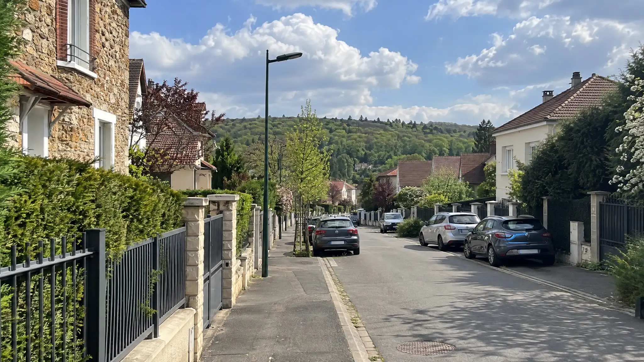 Rue pavillonnaire du Val-d’Oise, maisons en meulière, et au fond la butte boisée de la forêt de Montmorency